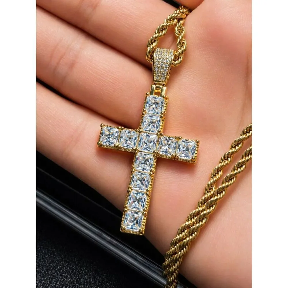 Gold Princess Cut Diamond Cross Necklace